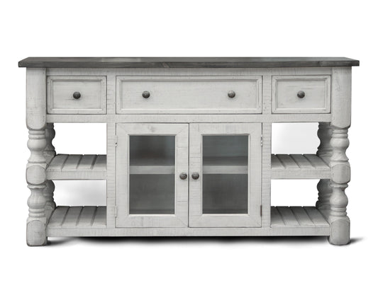 3 Drawer 2 Glass Door 60" TV Stand - Antiqued Ivory & Weathered Gray
