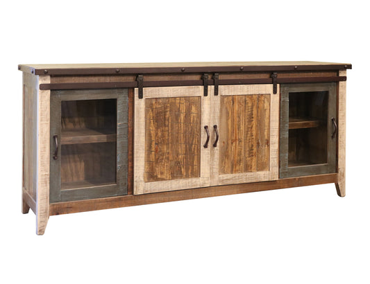 2 Glass Doors 2 Sliding Doors 80" TV Stand - Multicolor
