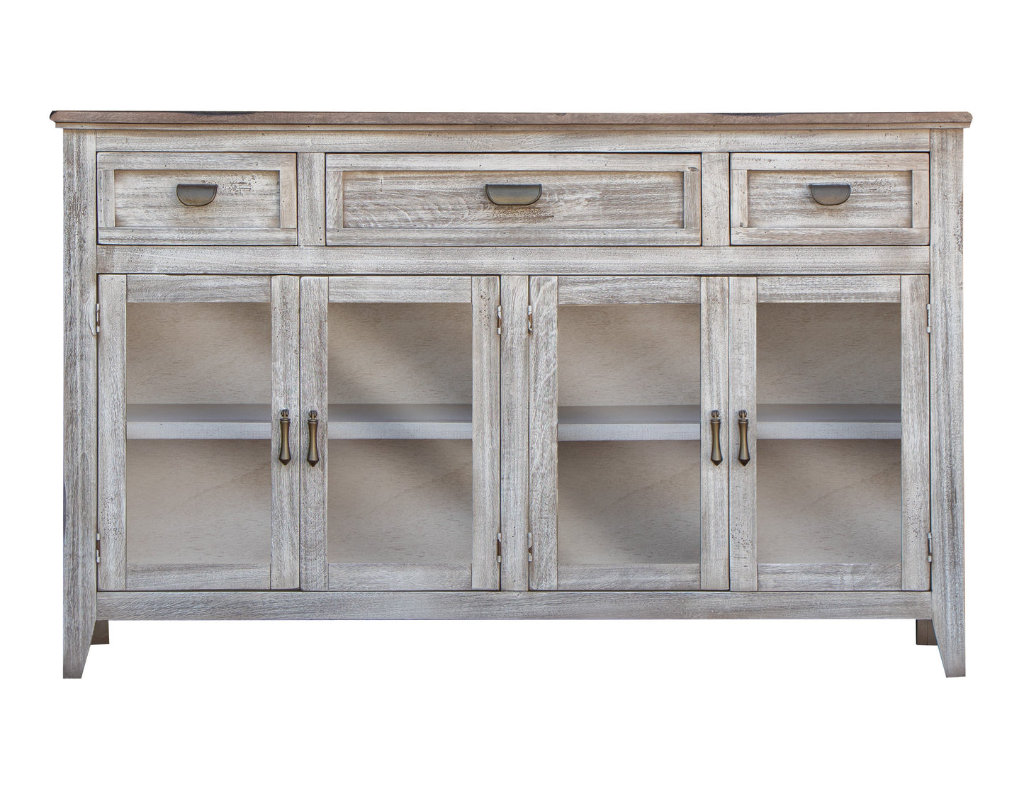 3 Drawer 4 Glass Door Console - Light Cream / Brown Caramel