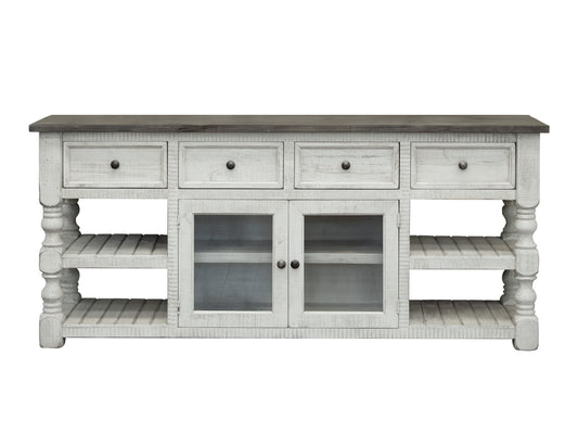 4 Drawer 2 Glass Doors 80" TV Stand - Antiqued Ivory & Weathered Gray