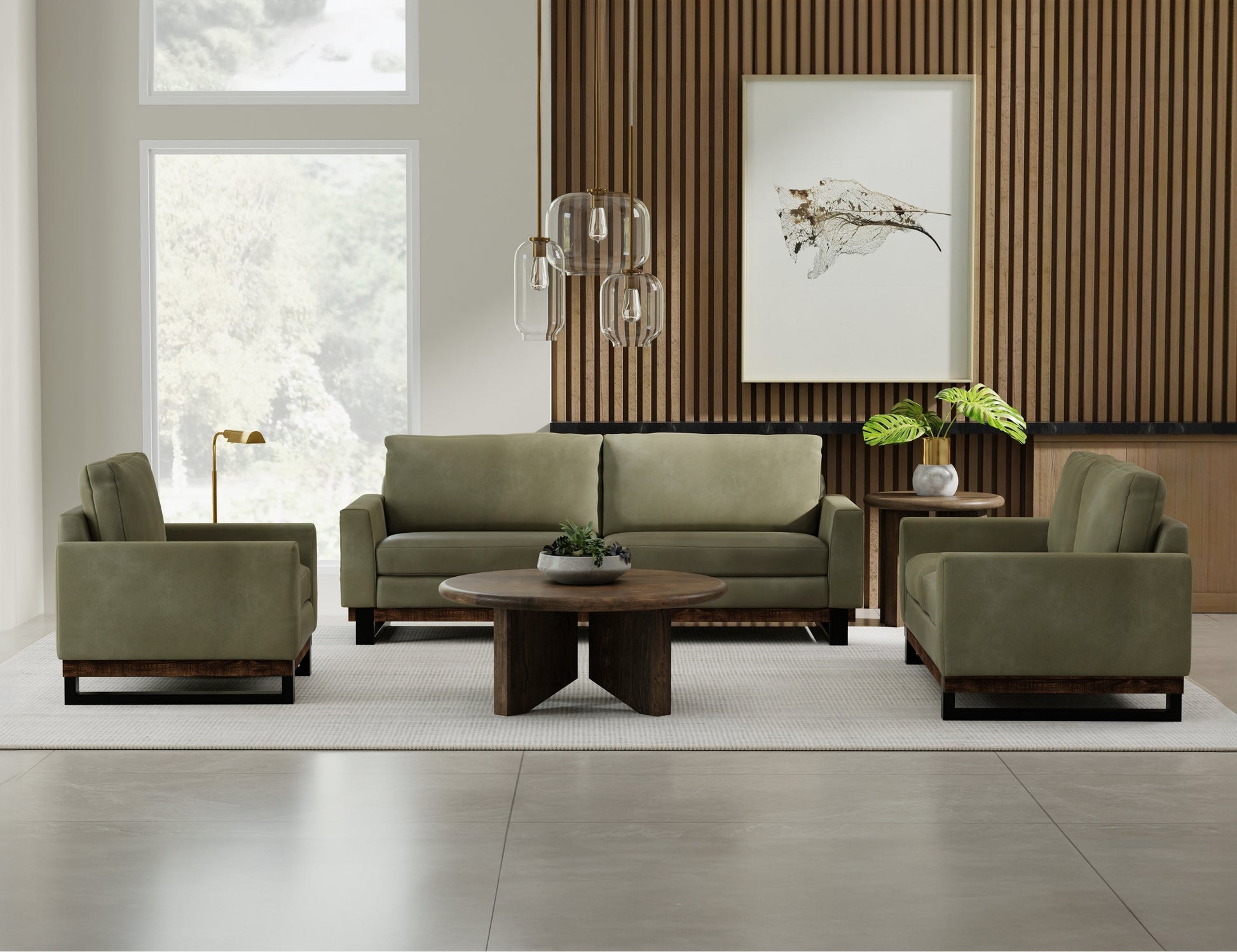 Metal & Wood Base, Sofa - Moss Green
