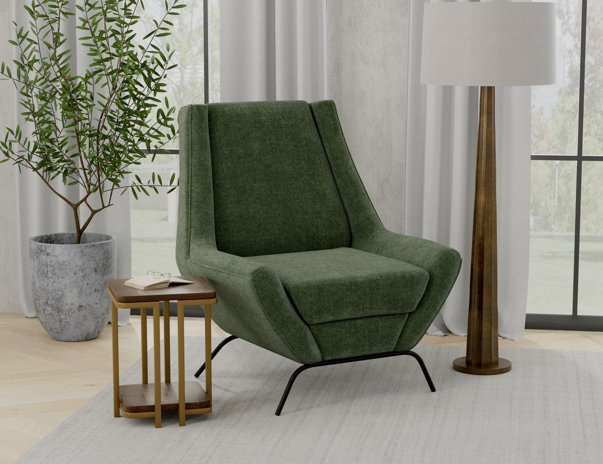 Wooden Frame & Metal Base, Armchair - Olive Green