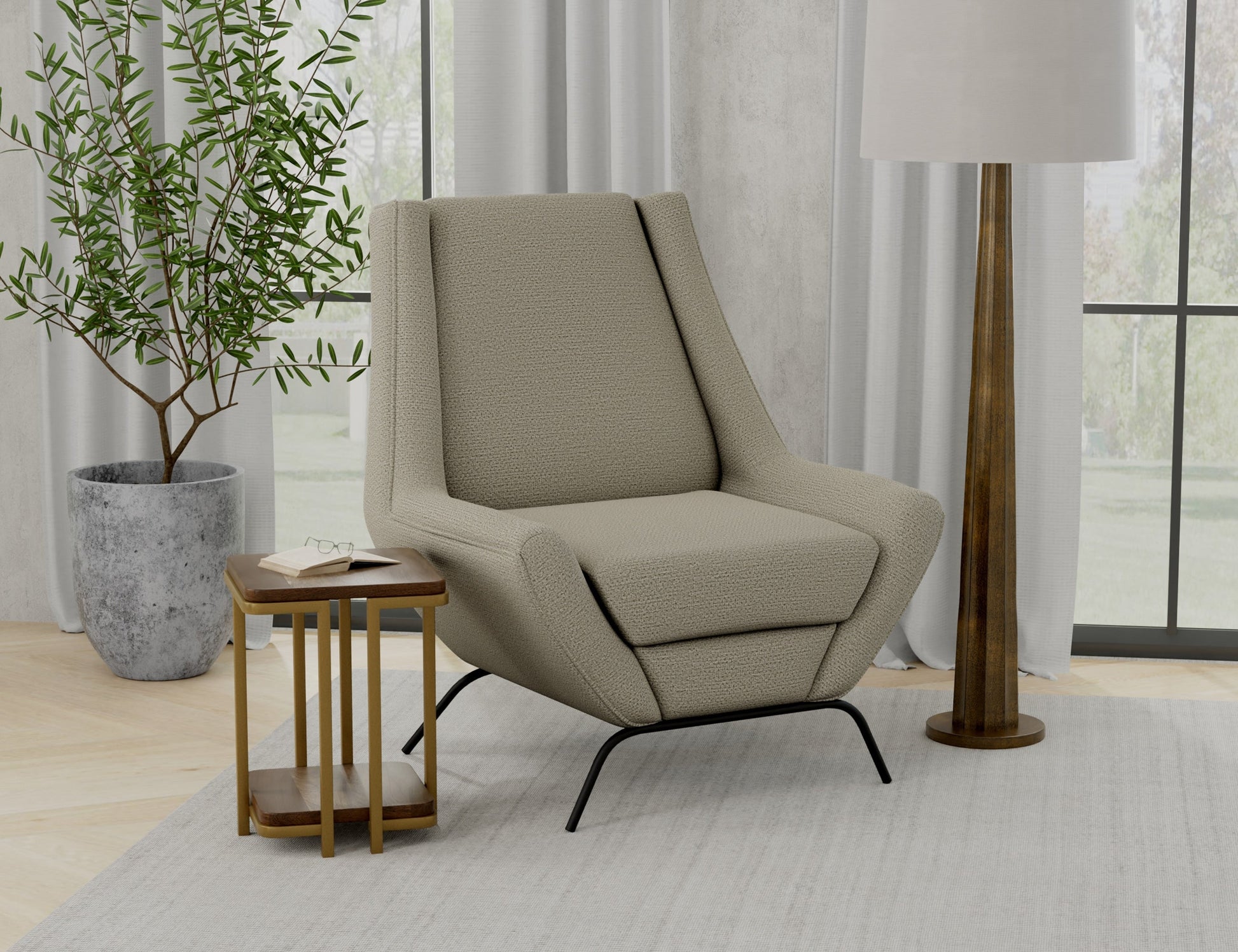 Wooden Frame & Metal Base, Almond Gray Fabric Armchair - Almond Gray
