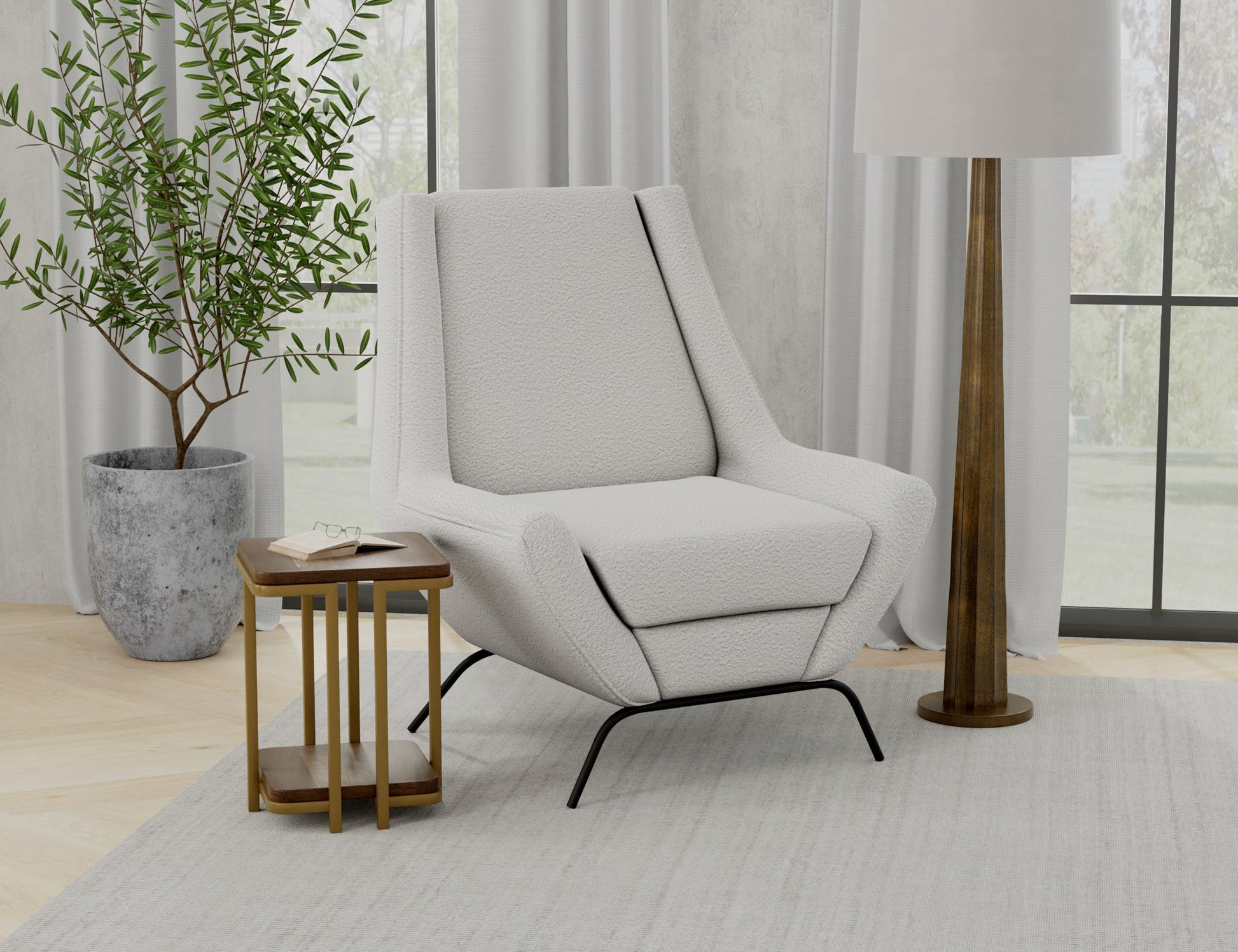 Wooden Frame & Metal Base, Armchair - Light Cream
