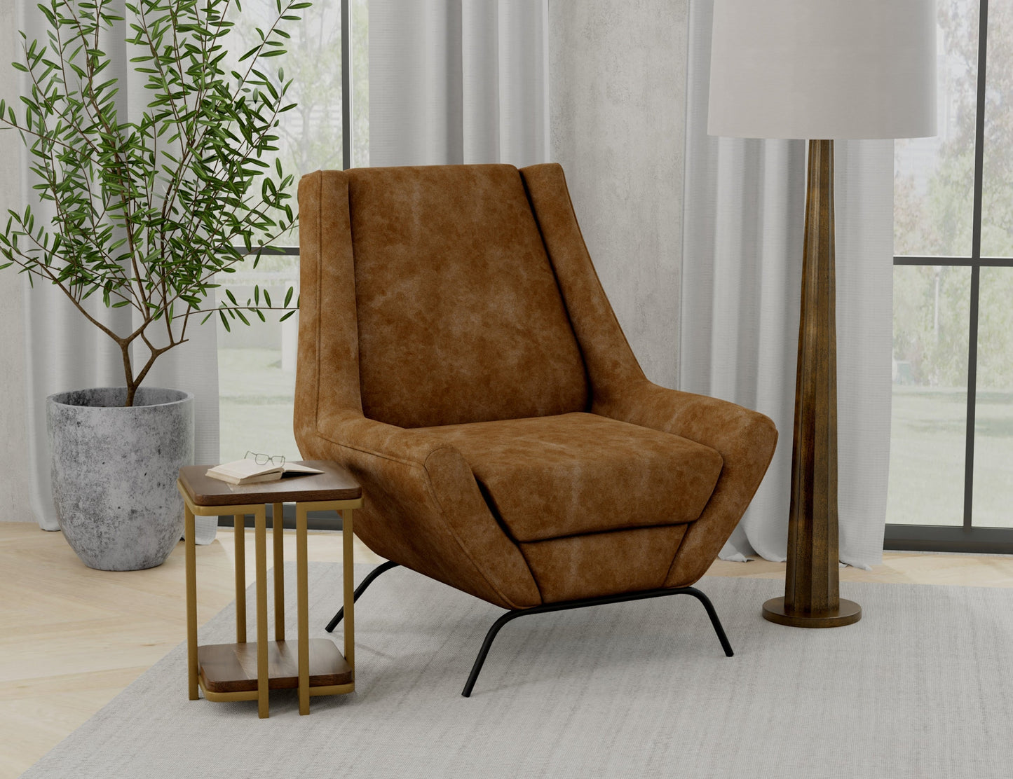 Wooden Frame & Metal Base, Armchair - Caramel Color