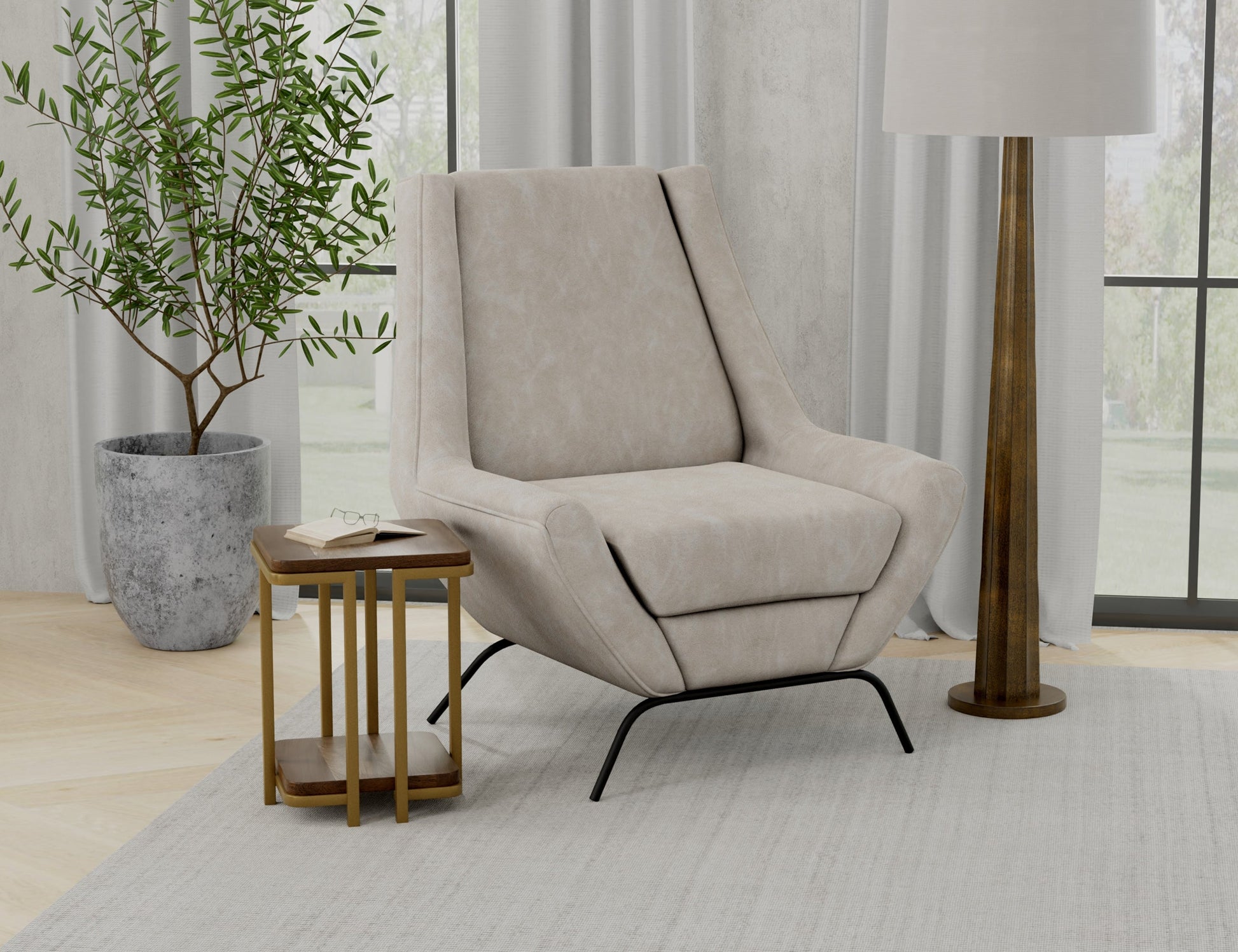 Wooden Frame & Metal Base, Armchair - Ivory