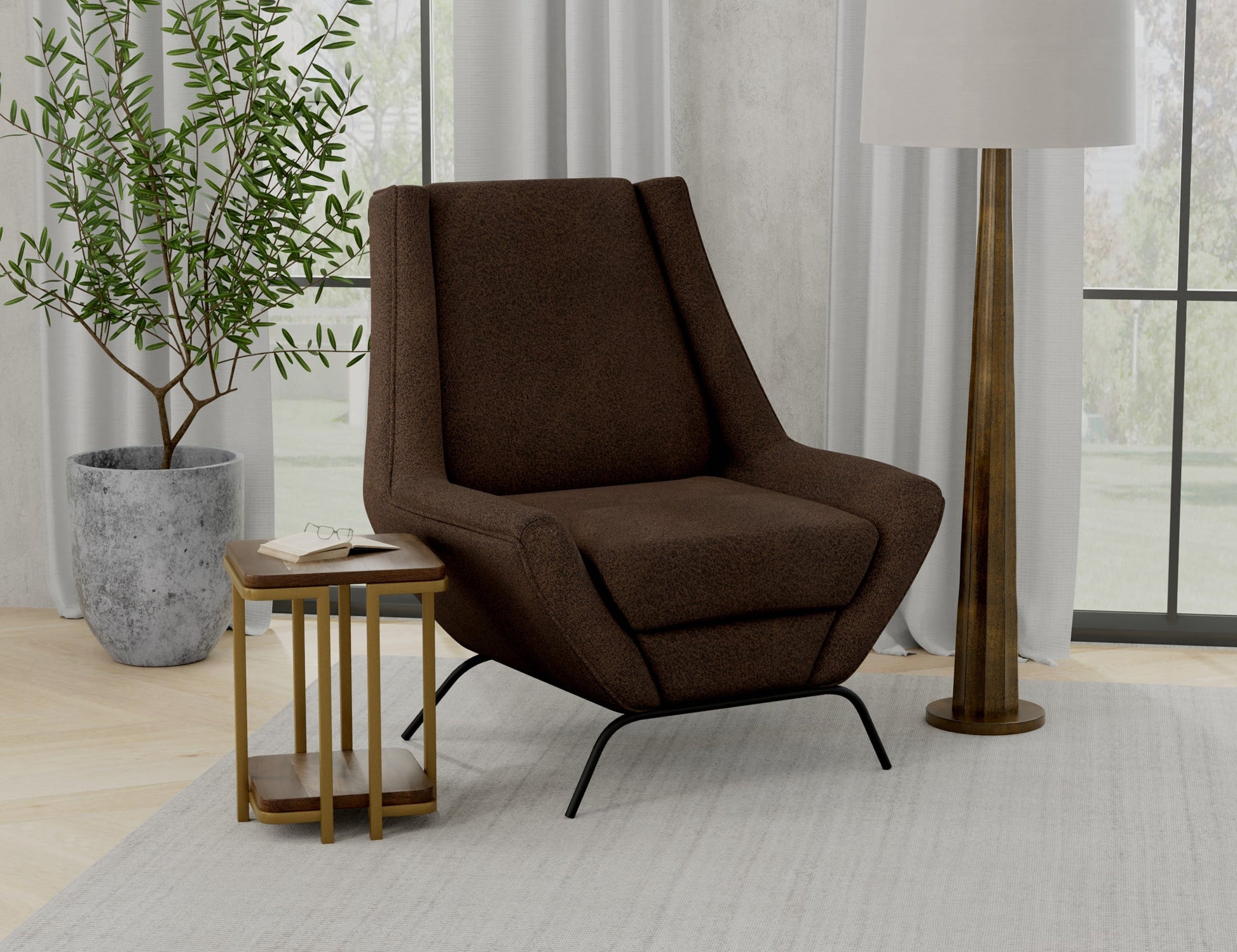 Wooden Frame & Metal Base, Armchair - Chocolate Brown