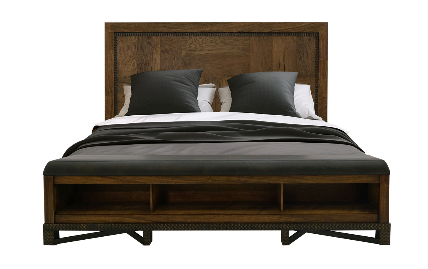 5/0 Queen footboard bench with three cubbies for storage - Chocolate Brown