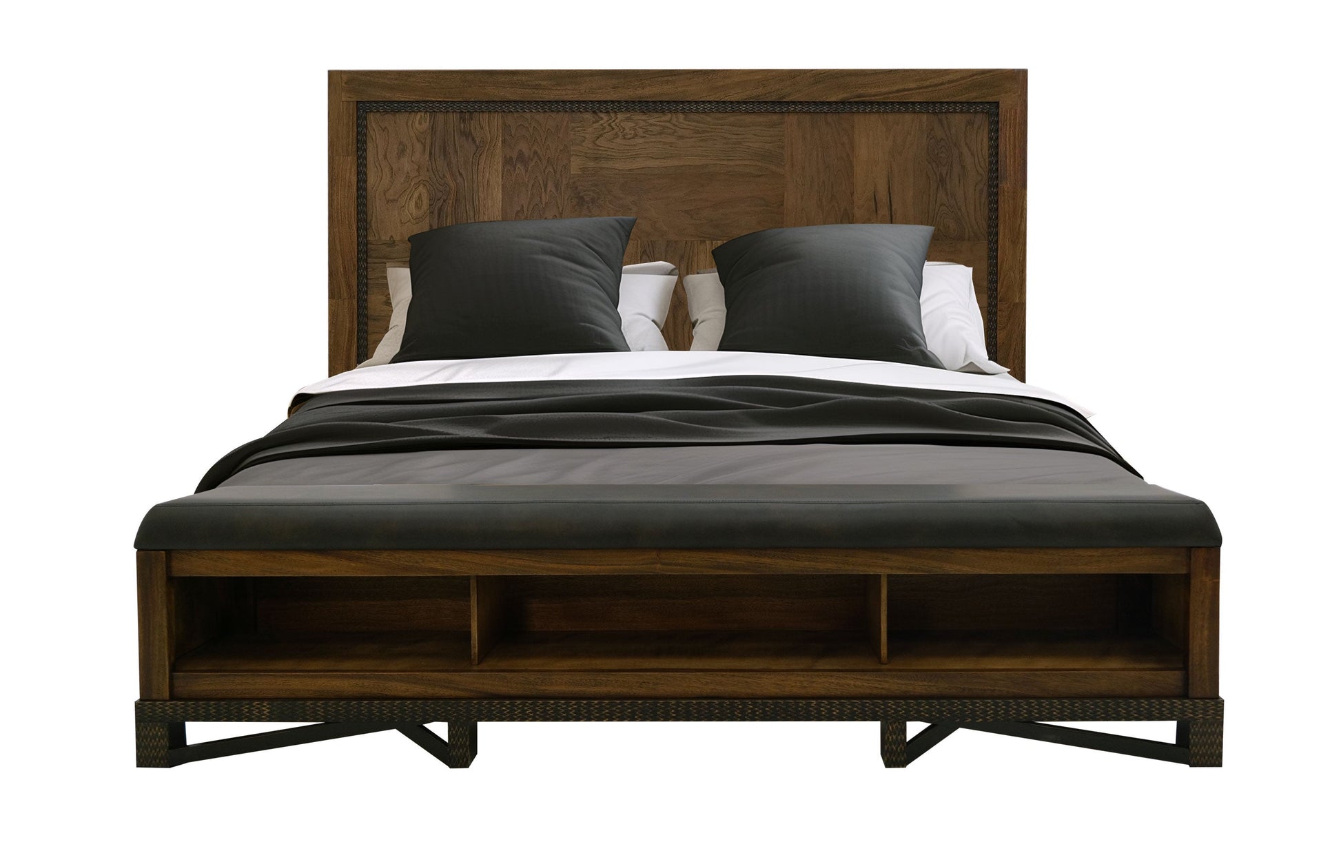 5/0 Queen footboard bench with three cubbies for storage - Chocolate Brown