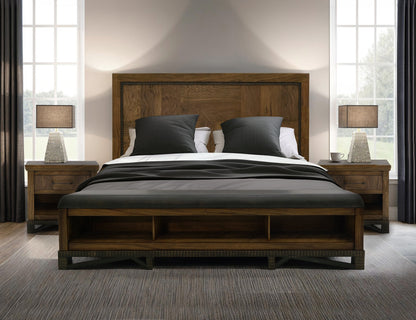 5/0 Queen footboard bench with three cubbies for storage - Chocolate Brown