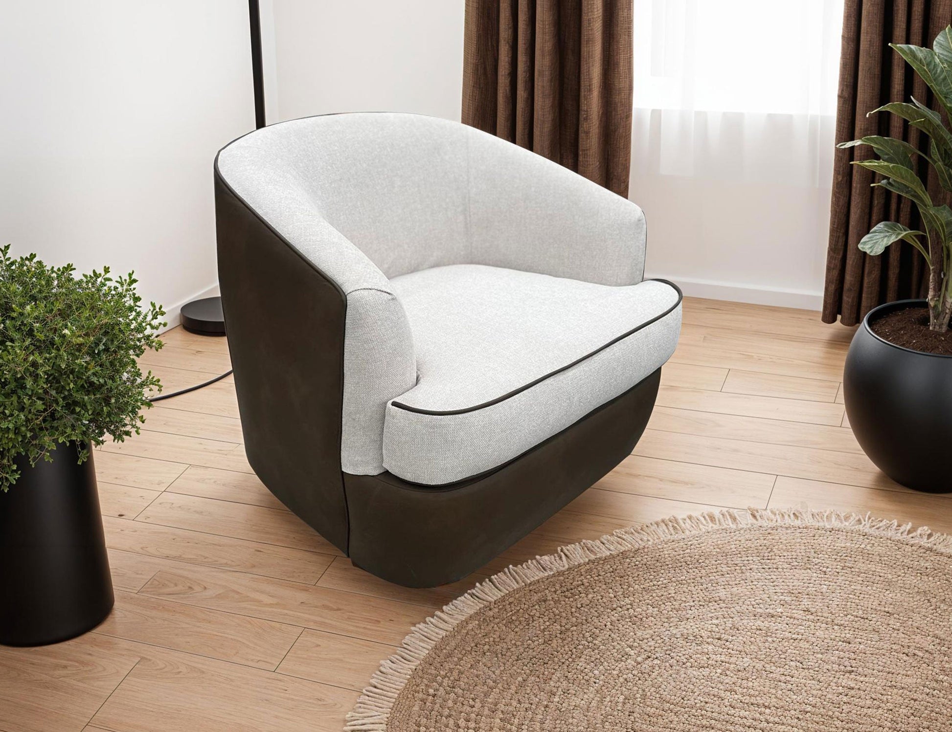 Bicolor Fabric, Wooden Frame & Metal Base, 360 Degree, Armchair - Walnut Brown