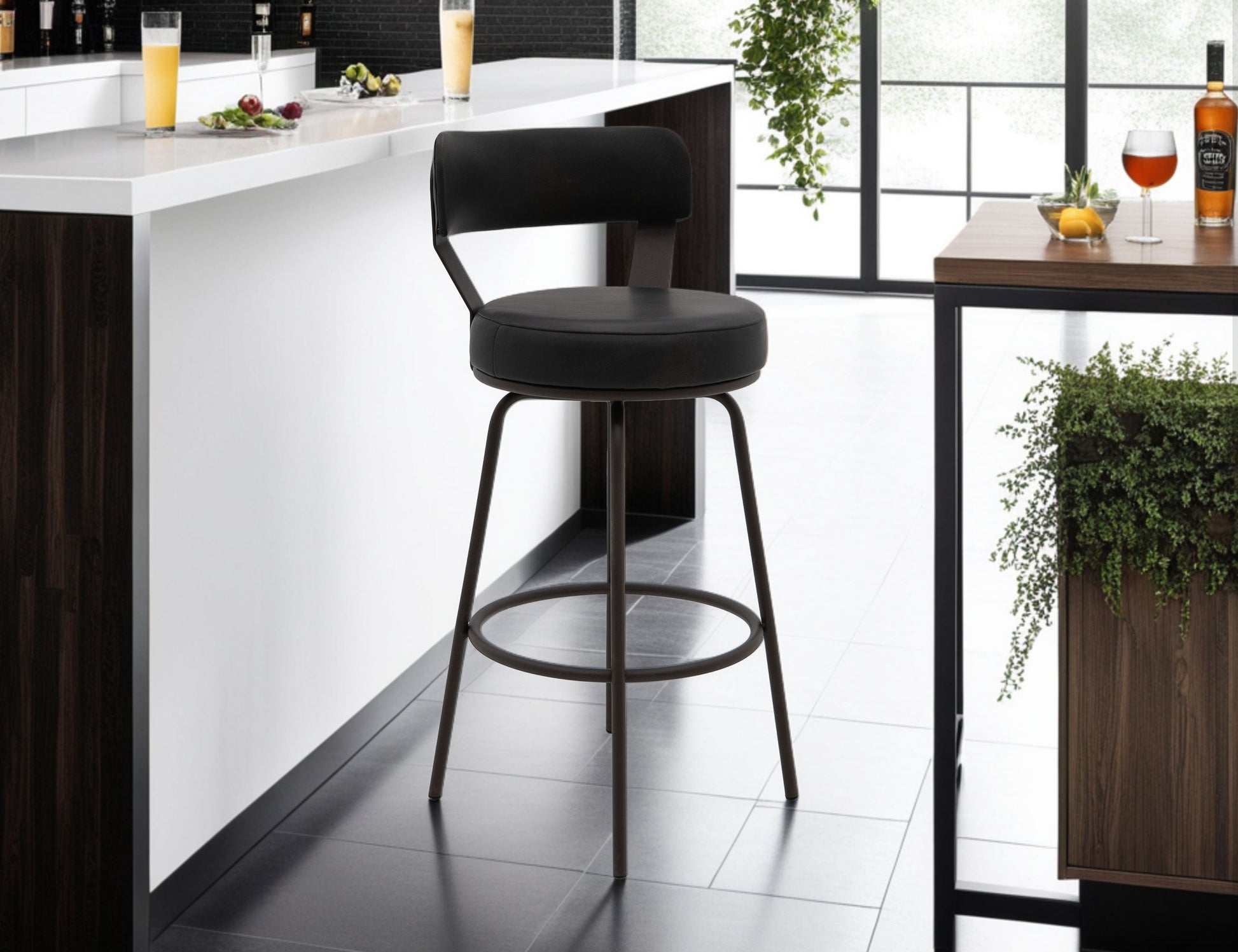 Wooden Frame & Metal Base, 30" Upholstered Barstool - Licorice Black