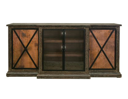 2 Copper-Paneled Door 2 Glass Door Console - Charred Brown