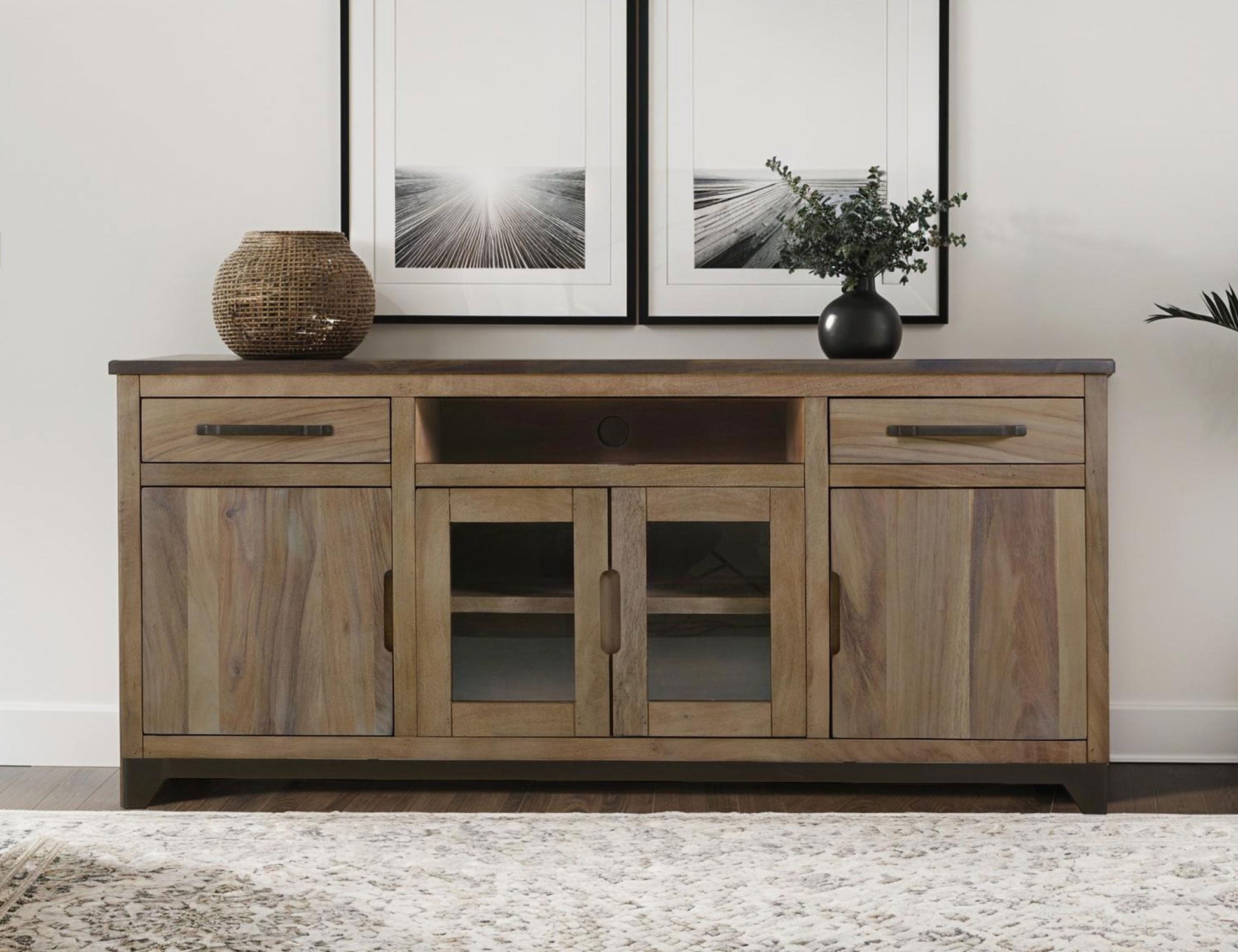 2 Drawer, 2 Door, 2 Glass Door, Stand 70" - Rich Brown