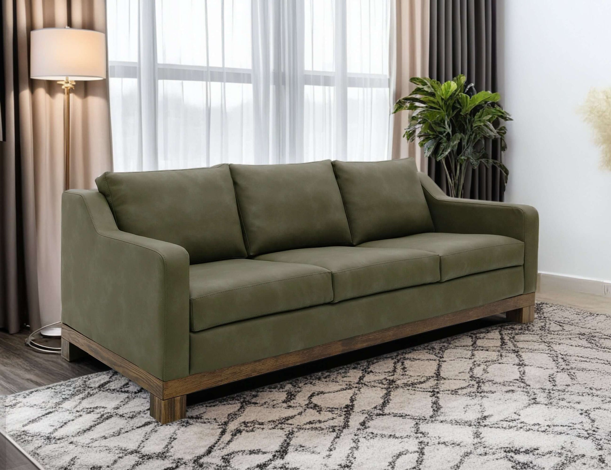 Wooden Frame & Base, Sofa - Olive Green