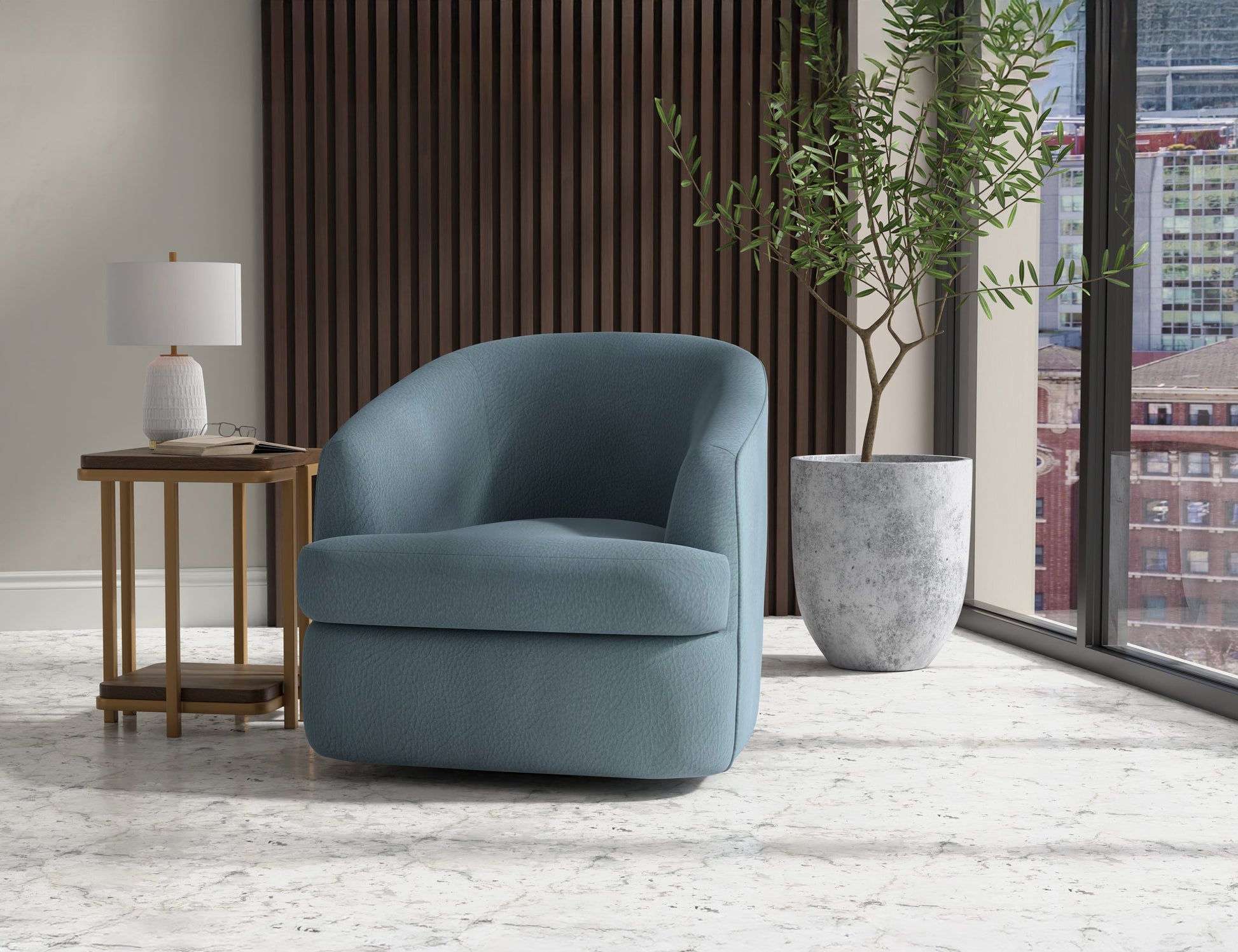 Wooden Frame & Metal Base, 360 Degree Swivel Accent Chair - Light Indigo