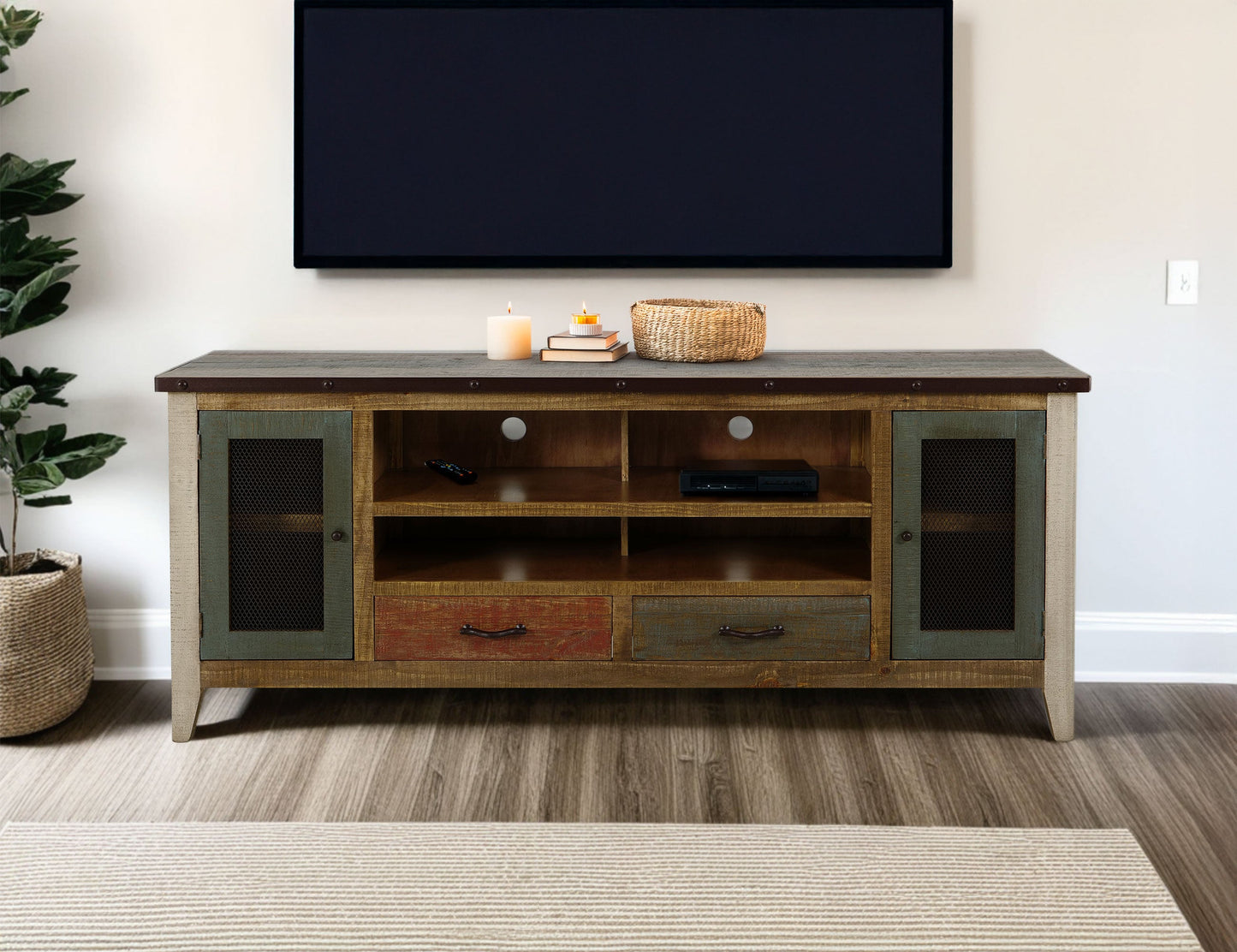 2 Drawer 2 Iron Mesh Doors 76" TV Stand - Multicolor