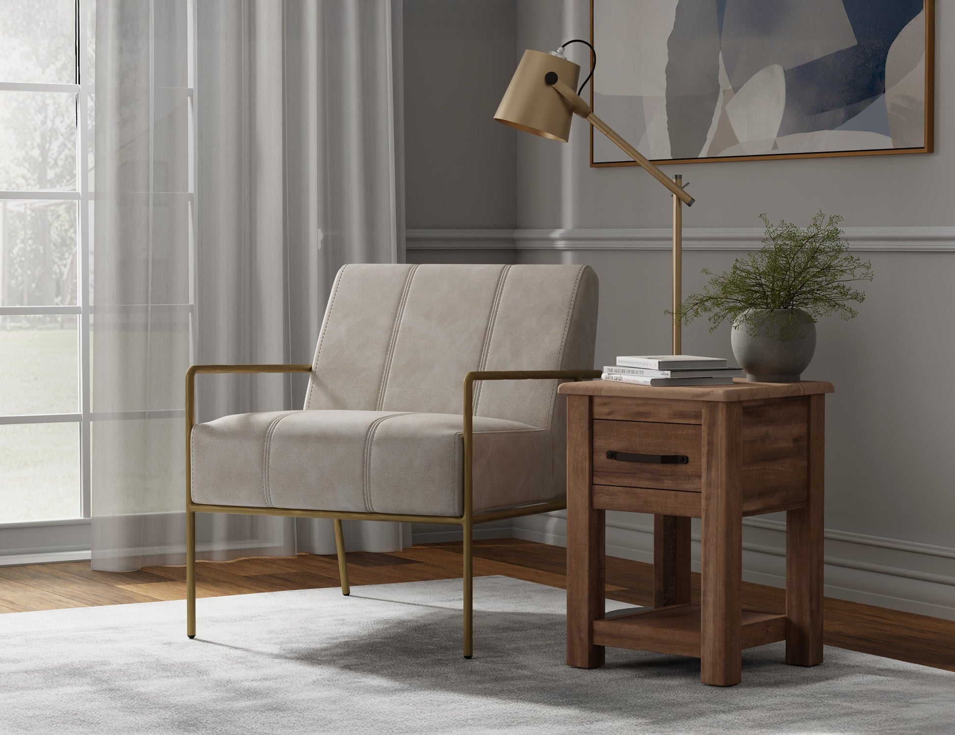 Wooden Frame & Metal Base, Armchair - Ivory