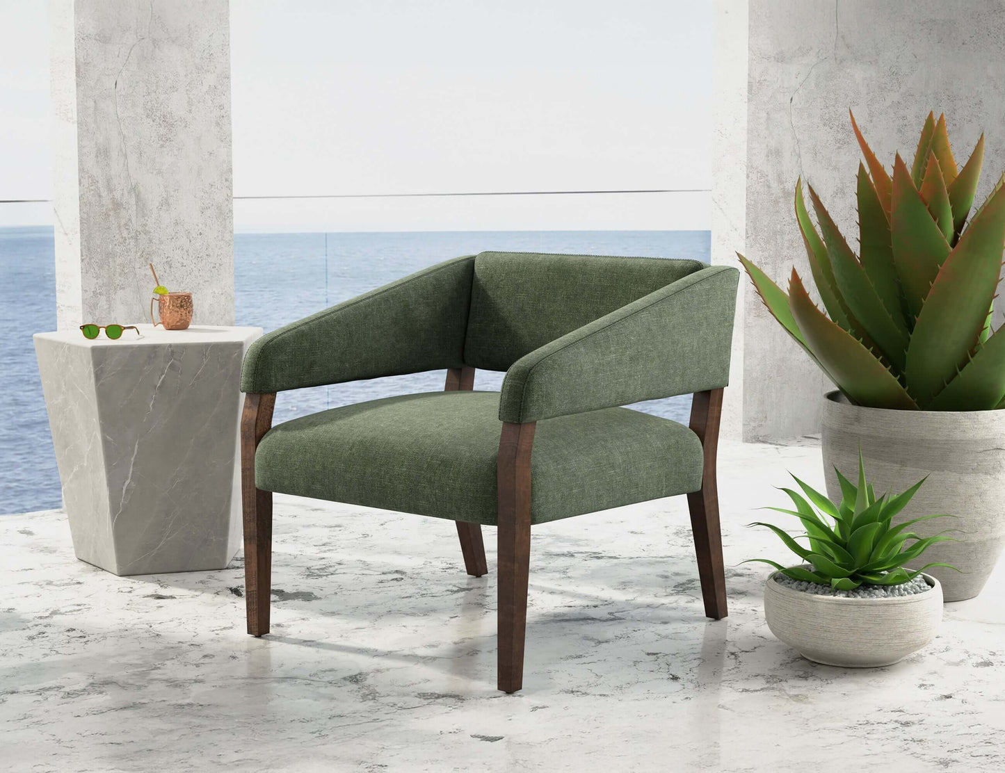 Wooden Frame, Armchair - Olive green