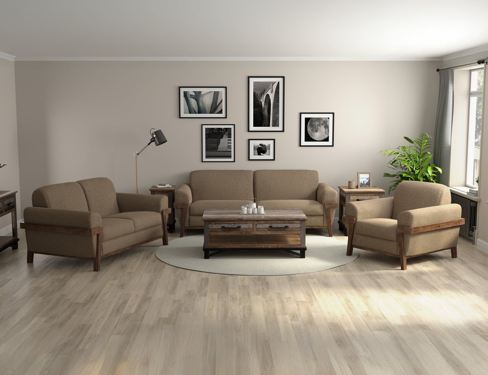 Wooden Frame & Base, Armchair - Brown Camel