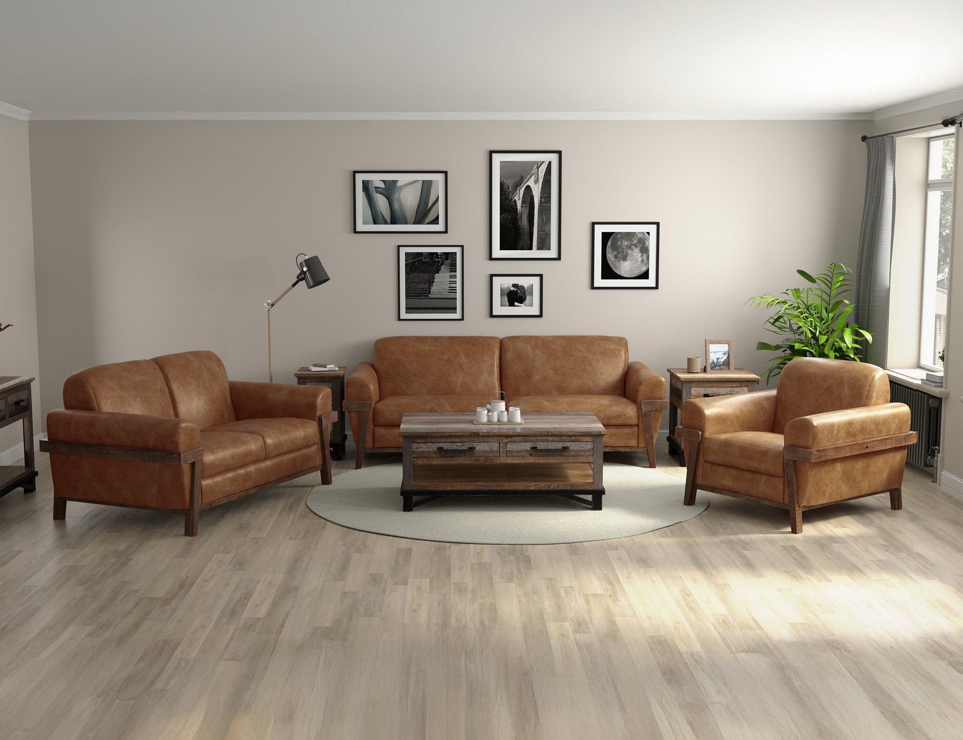 Wooden Frame & Base, Armchair - Caramel Color