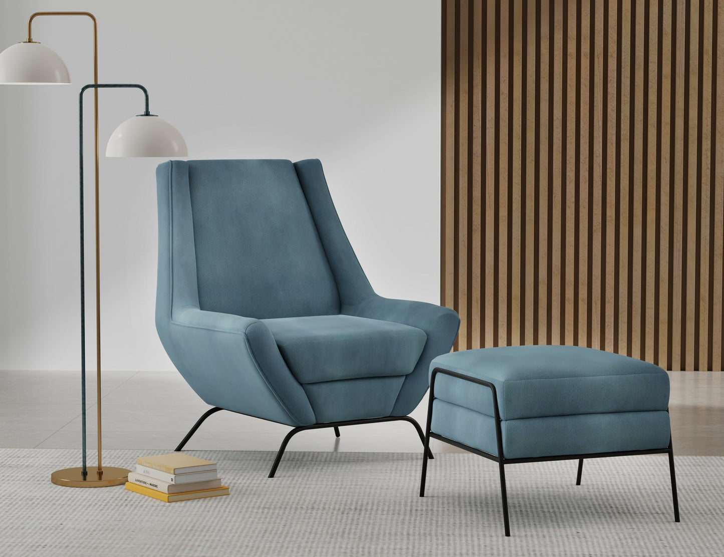 Wooden Frame & Metal Base, Armchair - Slate Blue
