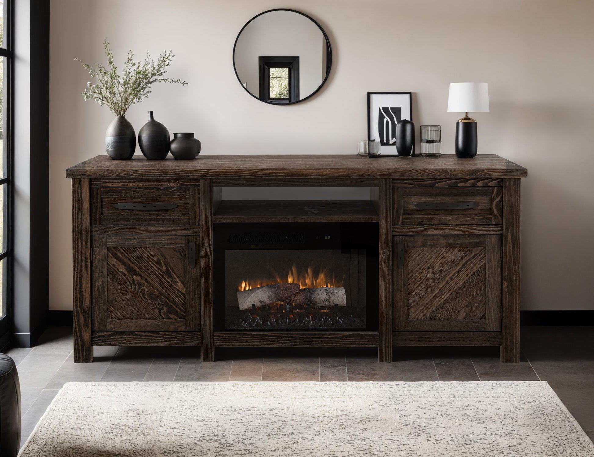 2 Drawer, 2 Door, TV Stand for electric fireplace - Rookwood Brown