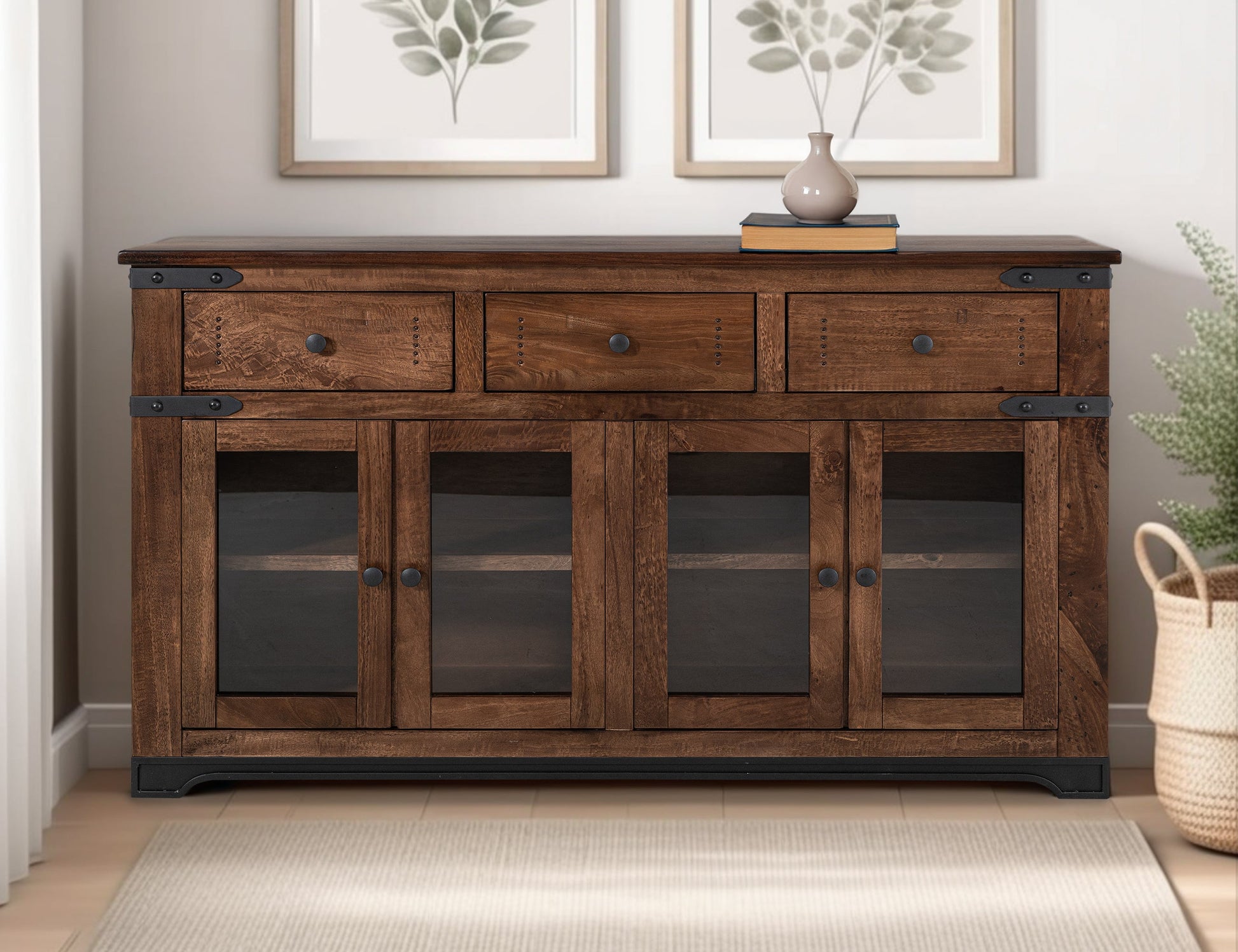 3 Drawer 4 Glass Doors 70" Console - Cinnamon Brown