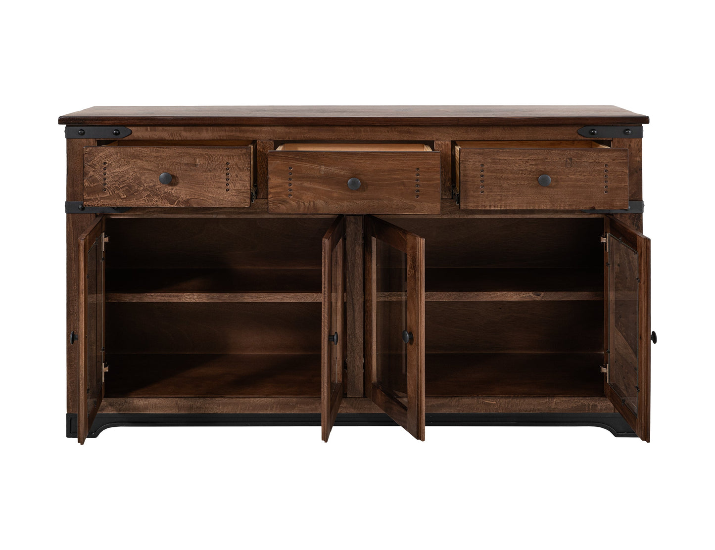 3 Drawer 4 Glass Doors 70" Console - Cinnamon Brown