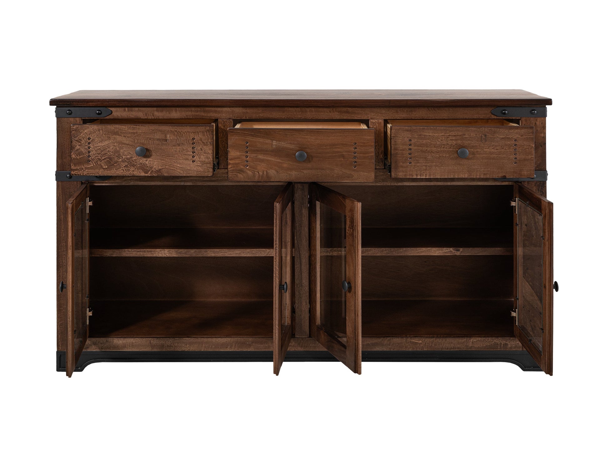 3 Drawer 4 Glass Doors 70" Console - Cinnamon Brown