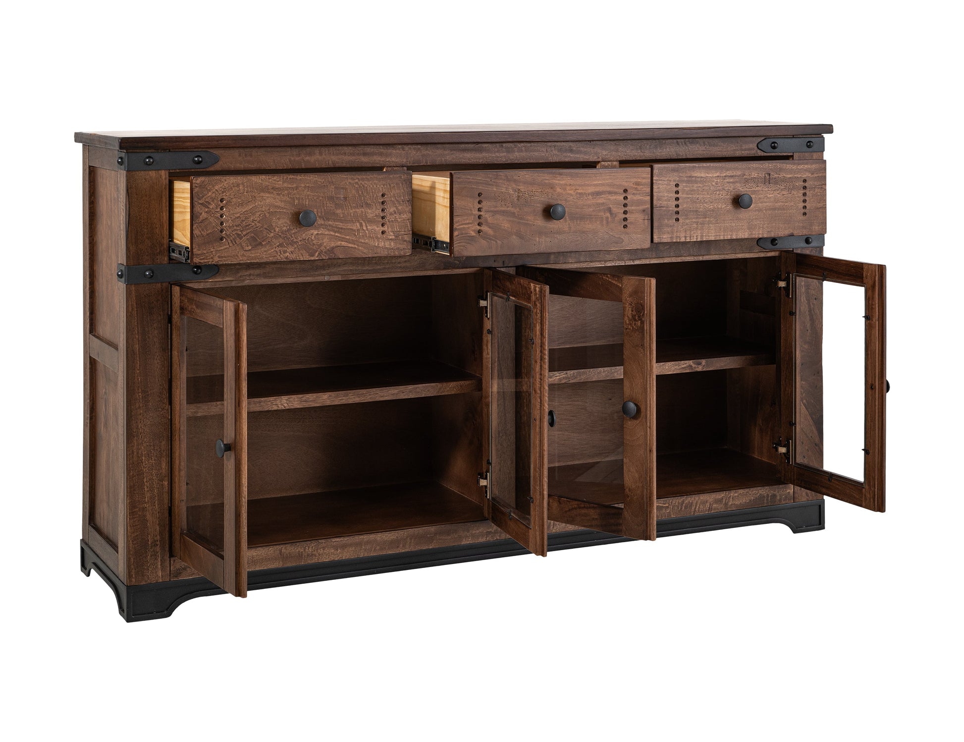 3 Drawer 4 Glass Doors 70" Console - Cinnamon Brown