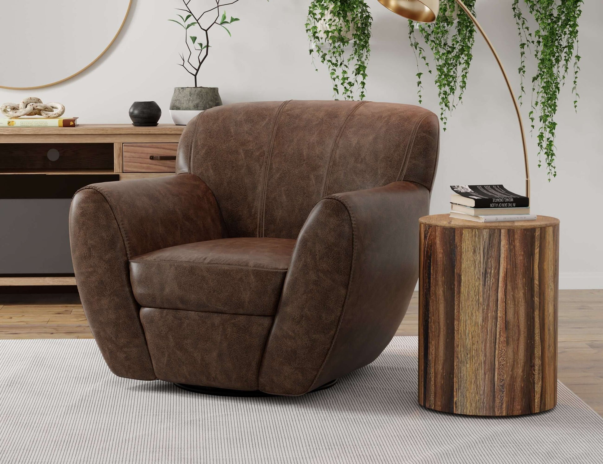 Wooden Frame & Metal Base, 360 Degree Swivel Accent Chair - Chocolate Brown