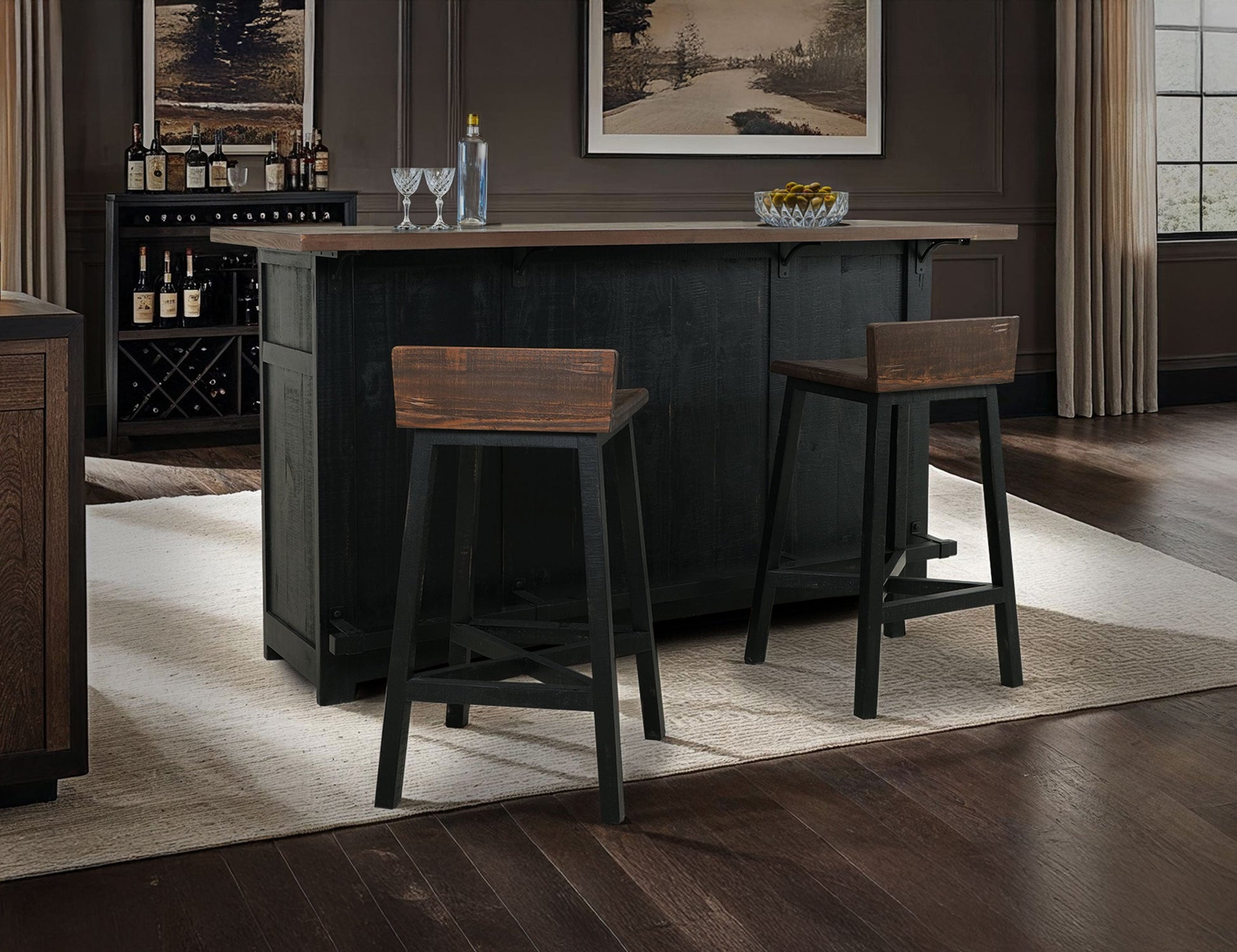 30" Wooden Stool - Black & Medium Brown