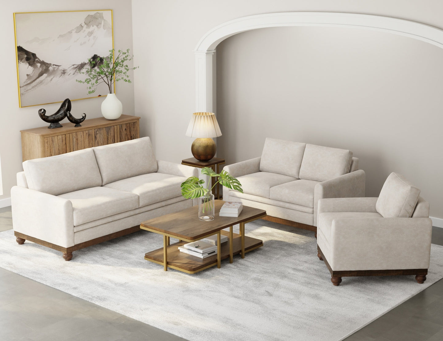 Wooden Frame & Base, Armchair - Ivory